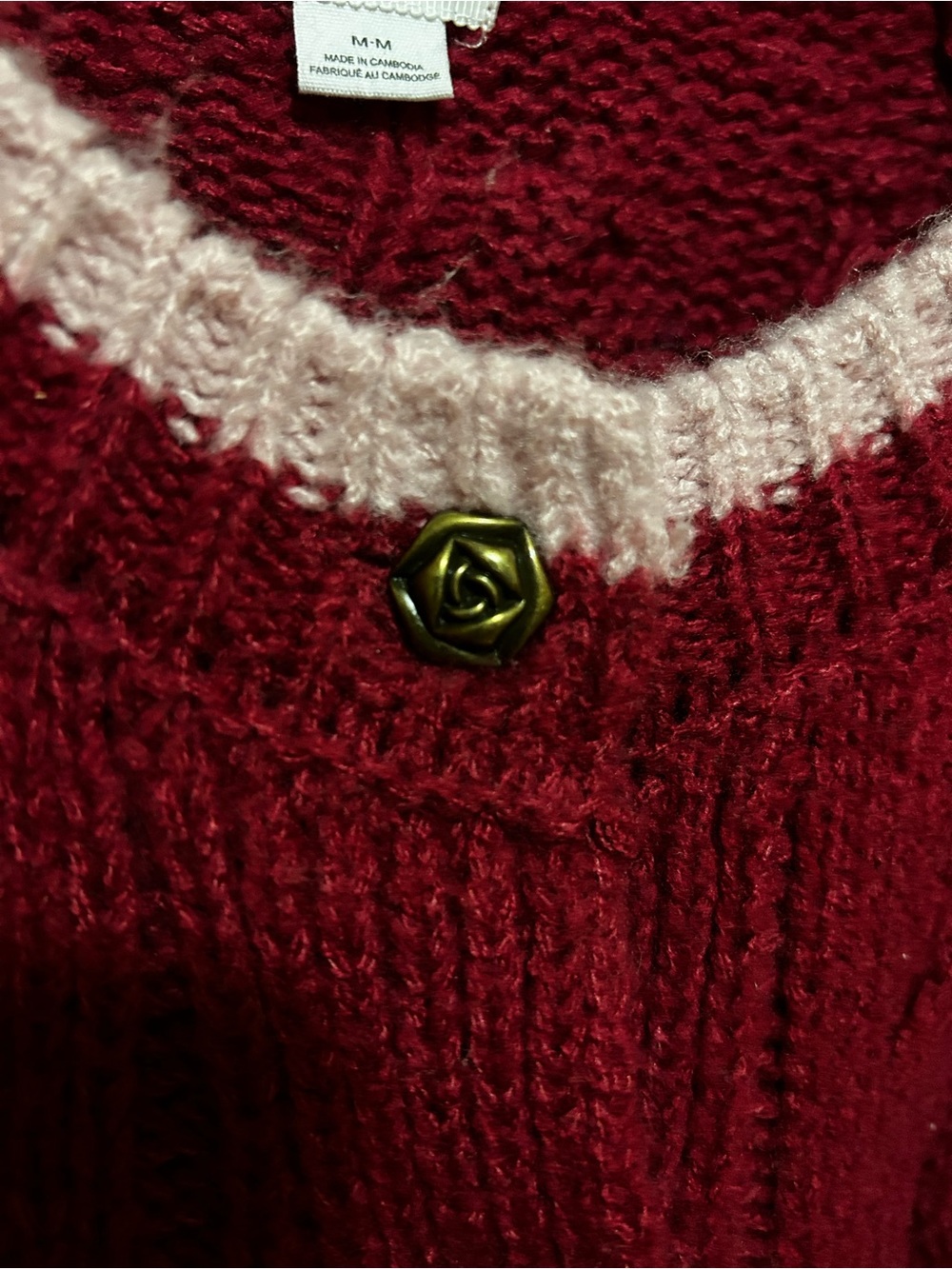Kimchi Blue Maroon Cable-Knit Cardigan with Pink Trim and Rose Buttons - Picture 2 of 6
